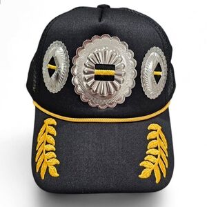 Black Trucker Hat With Gold Embroidery and Silver Conchos Accents.